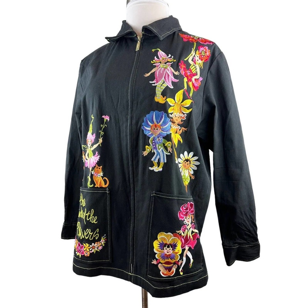 Bob Mackie Wearable Art Embroidered Fairy Parade of Flowers Zip Jacket Size 1X - Picture 2 of 6